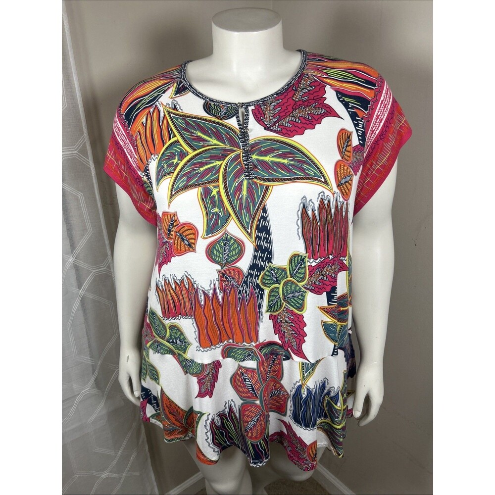 Soft Surroundings Top 2X White Tropical Floral Ruffle Hem Resort Arty Tropical